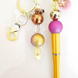 Gold Bubble Bead Pen & Keychain Set, Floral Charm, Gift Idea, Office Supplies